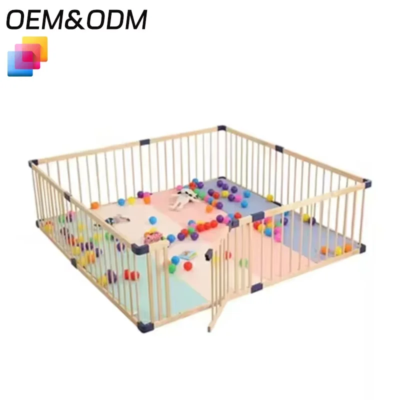 Indoor Children Playpen Solid Wood Playpen with Mat Playing Center Square Large Corner Protect Wooden Playpen