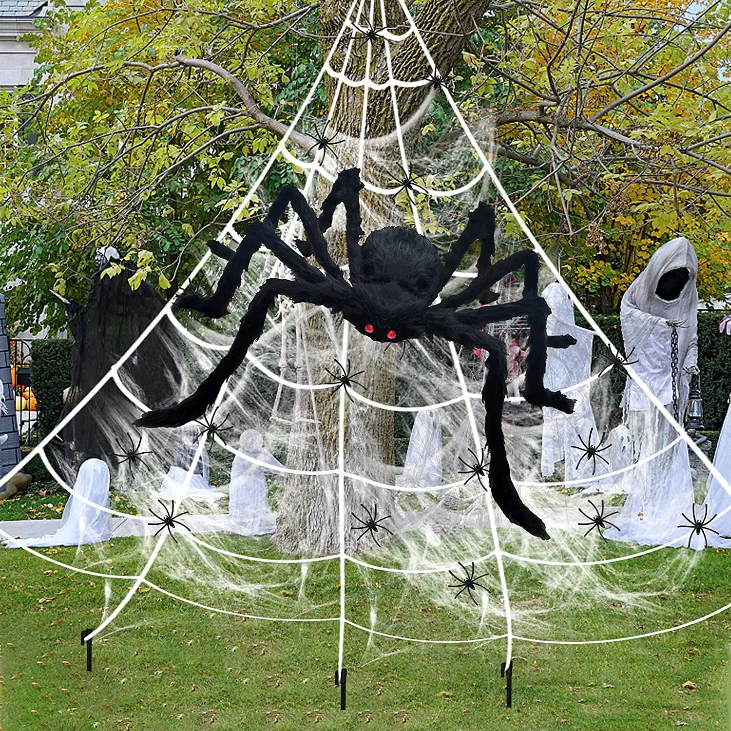 Halloween Decoration Spider Props Ghost Festival Layout Decoration Set Black Simulation Plush Spider  Web
