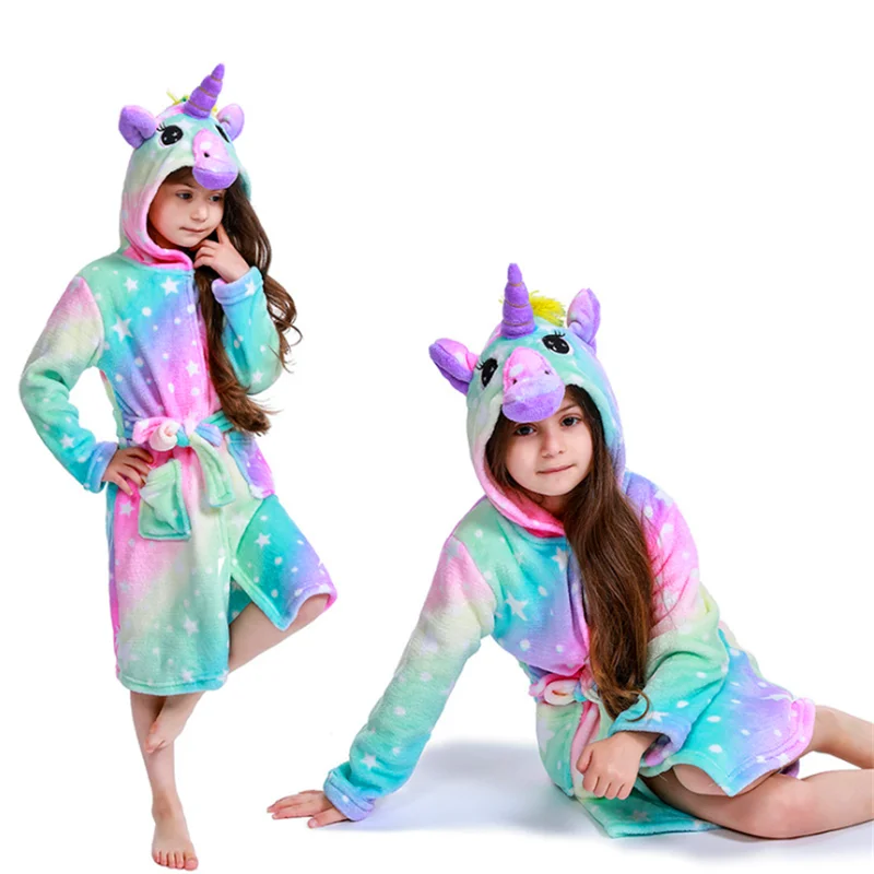 
Hooded Plush Robe Animal Fleece Kids Rainbow Unicorn Sleepwear Bathrobe Pajamas 