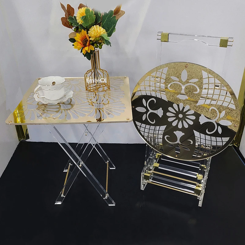 Saudi Arabia Tea Table Set Wholesale Golden Clear Acrylic Folding Tray Table Set of  4 pcs