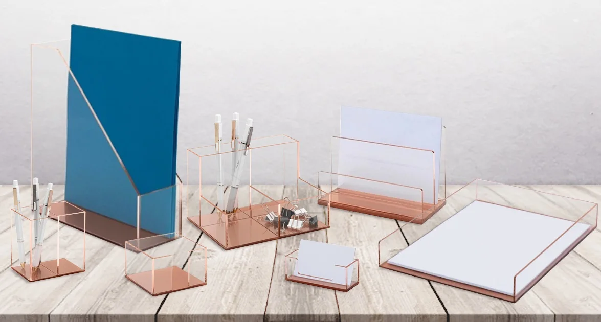 Top Quality OEM Luxury 100% Clear Acrylic Office Black Desk Organizer Rose Gold Pencil Pen Holder For Export