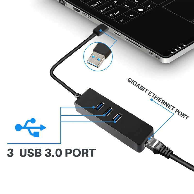 Aluminum LAN Wired USB Network 3 Port USB 3.0 Hub USB to 1000 Gigabit Ethernet Adapter for Laptop Tablets