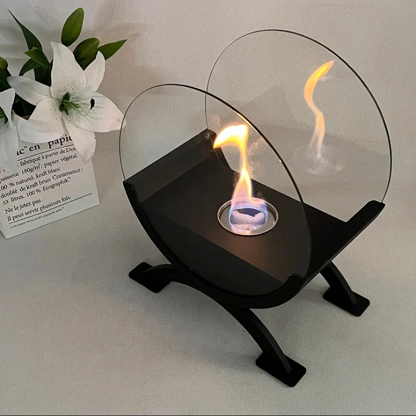Unique Double Arch Structure Black Metal Fireplace Round Glass Large And Stable Free Standing Ethanols Fireplace