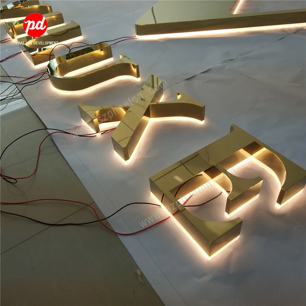 3D Led Backlit Halo lit Mirror Gold Brushed Channel Letters Building Sign Lobby Sign for Company Logo and Shop Store Advertising