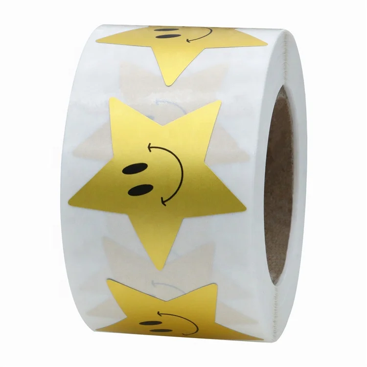 Hybsk Gold Star Shape Smile Face Stickers 1.5 Inch Total 500 Adhesive Labels Per Roll