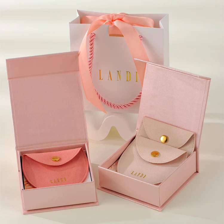 New Arrival Magnetic Box Custom Logo Drawer foldable  Box Pink Microfiber Oval Metal Buckle Bag Jewelry Pouch Set Gift Packaging