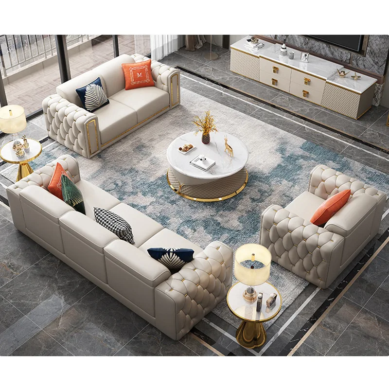 Italian Luxury Leather Sofa Post-Modern Small Family Sofa Set with Metal PU Leather Sofas for Living room furniture