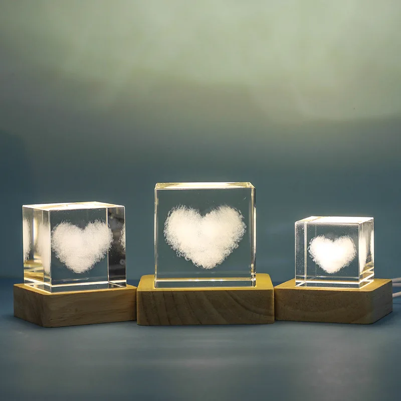 QIURAN 3D Galaxy Star Love Cube Small Night Light with Crystal K9 Glass and Wooden Luminous Base Animal Themed Souvenir Gift