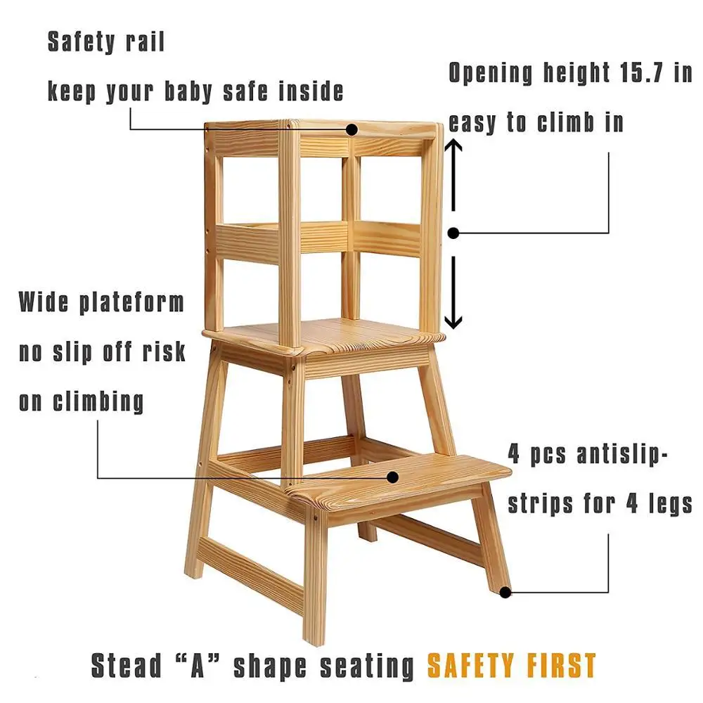 Kids Step Stool with Safety Rail,Wooden Toddler Standing Tower Natural Solid Wood Construction Learning tower