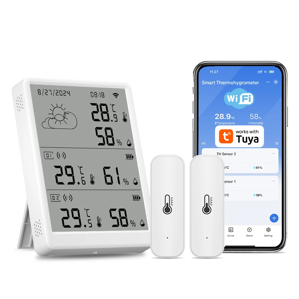 Tuya WIFI Weather Station Big LCD Screen Display Temperature&Humidity Monitor compatible with RF433 Temperature humidity sensor