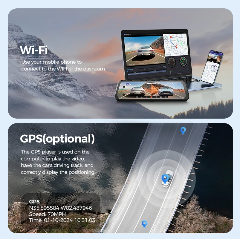 AZDOME AR09 4K 9.66 inch Touch Screen GPS WiFi Car Camera DVR Driving Camera Dash Cam Recorder Mirror Camera Car Black Box