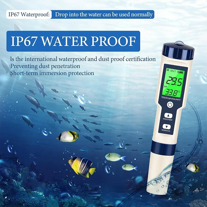 Handheld Water Tester, 5-in-1 pH/TDS/Salinity/Temperature and EC Meter, TDS Meter, Aquarium and Saltwater Pool Test Kit
