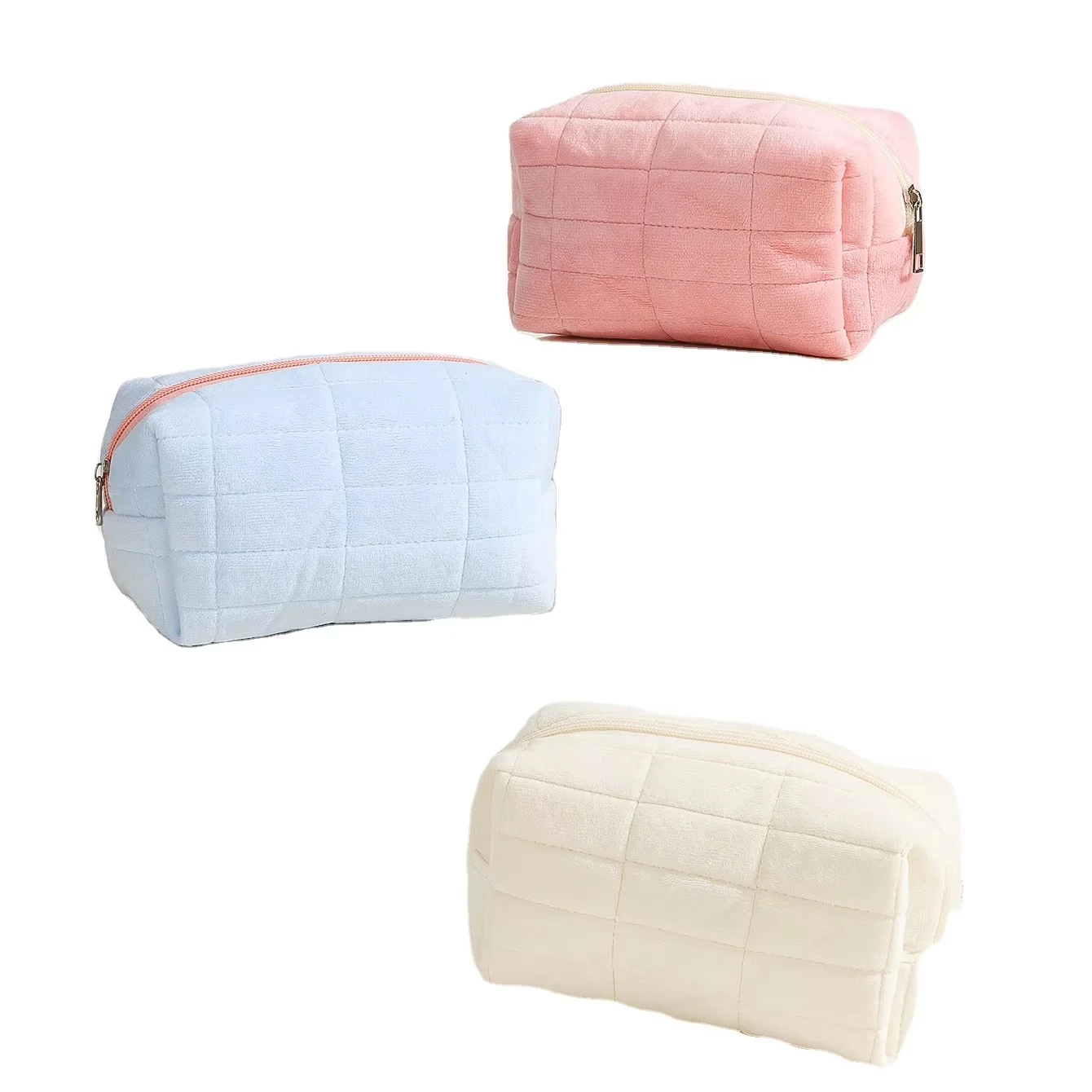 customized logo travel makeup pouch soft velvet cosmetic zipper bag custom luxury bulk quilted velvet cosmetic bag