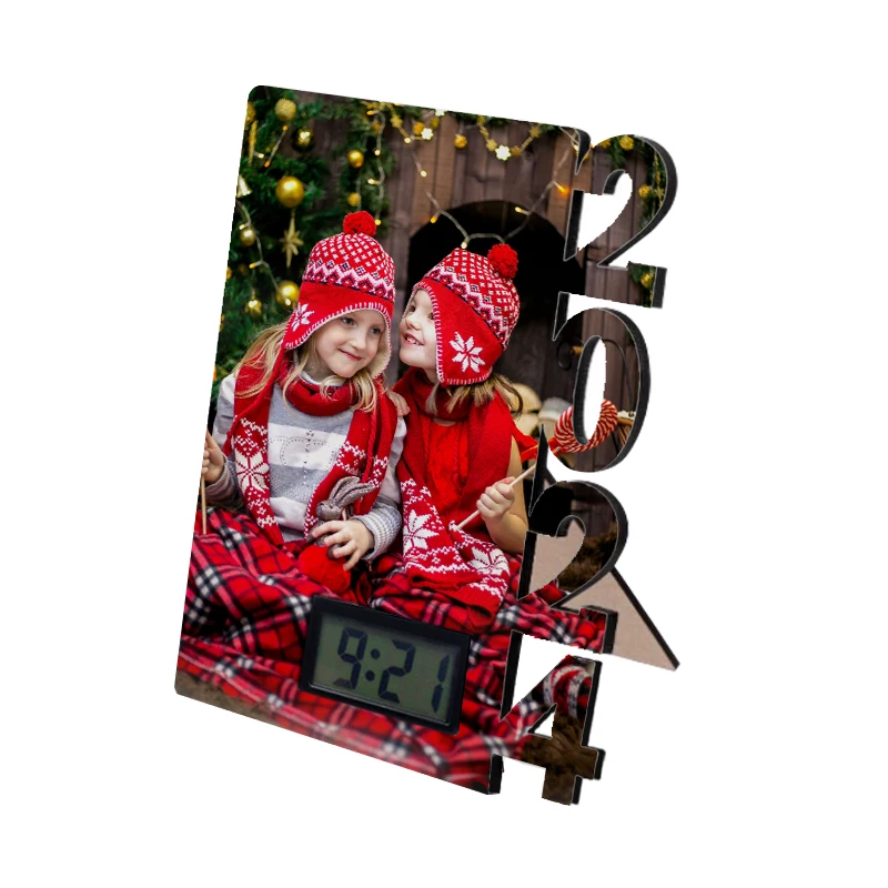 Sublimation Blanks 2024  New Year Gift MDF Frame With Clock Party Decor Photo Frame Customized 2024 Year Frame