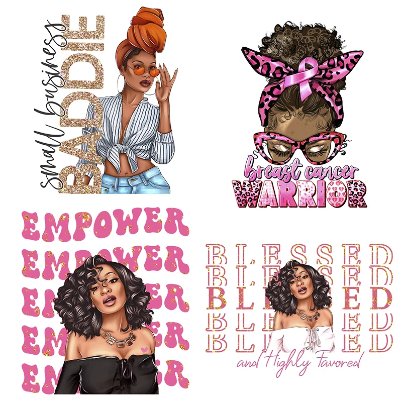 dtf transfer Woman Breast cancer awareness plastisol logo sticker Custom dtf transfers Black Girl iron on patches for t shirts