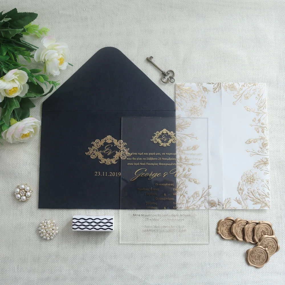 Elegant Design Paper Invitations Floral Digital Printing Invitation Card with Tracing Paper