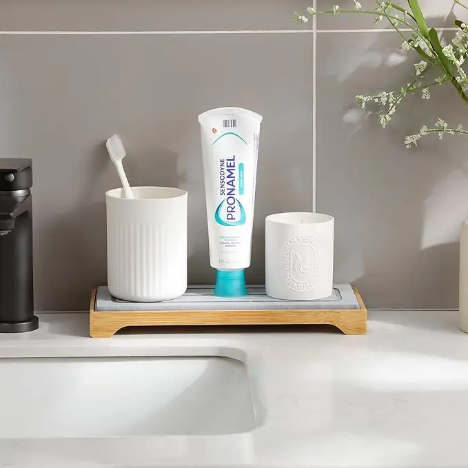 CF SDM39 Bamboo Rack with Diatomaceous Earth Stone Drying Mat Bathroom Countertop Organizer Soap Dish Tray Tool Use