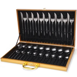 Wooden Box Spoon Fork Knife Besteck 36pcs Stainless Steel Flatware Cutlery Set