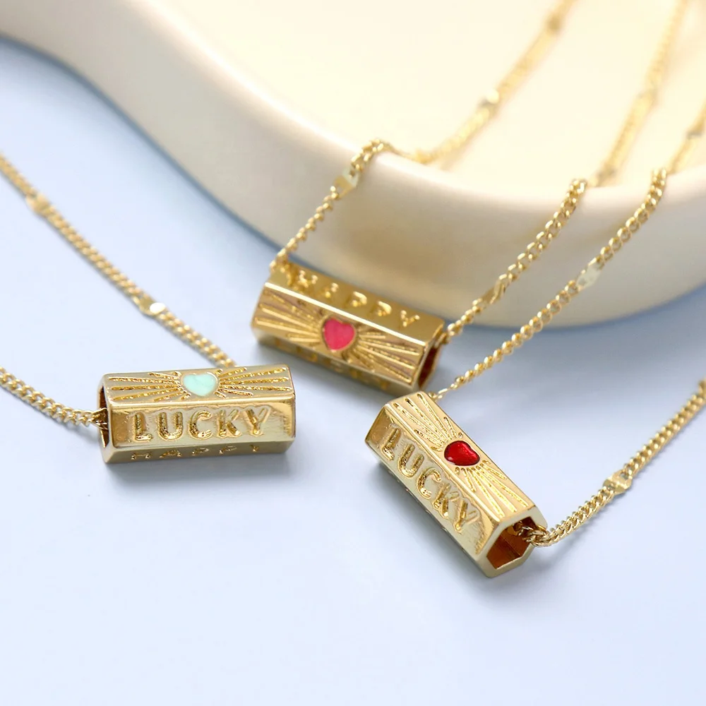 Blogger 18K Gold Plated Copper Ladies Enamel Heart Hexagon Dangle Lucky Cuba Chain Necklace