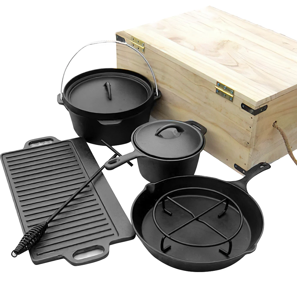 Bright Houseware Pre seasoned Cast Iron Cookware Set Camping Dutch Oven Baking Tray Pot Set Outdoor Camping Cookware Set