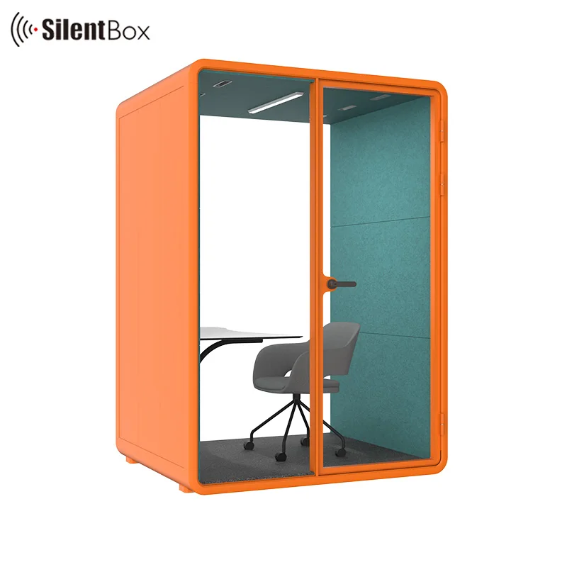 Portable and reconfigurable acoustic privacy room model M office pods with compact laminate furniture