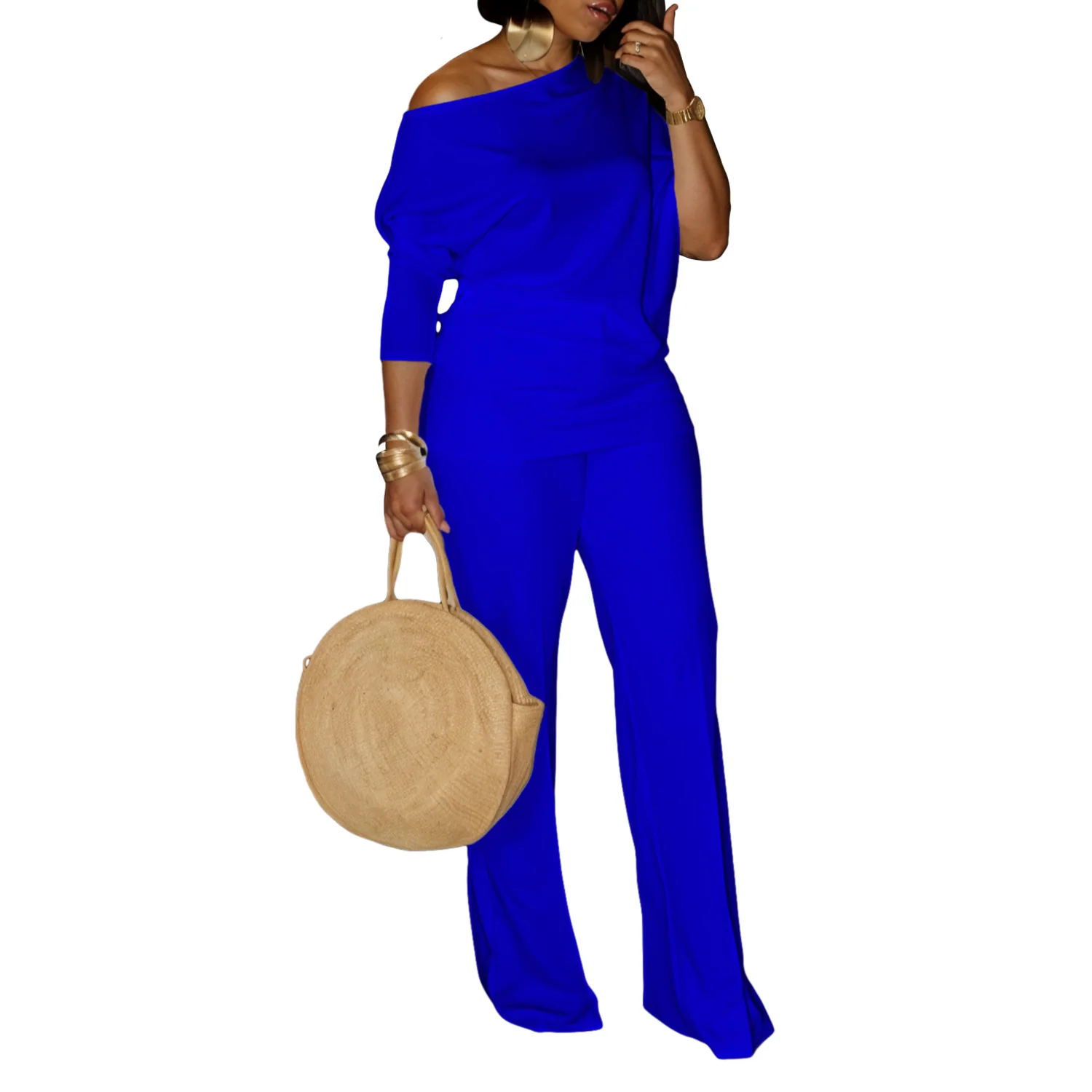 D3298 Latest Design Autumn Jumpsuit Women Elegant Solid Color Slash Neck Wide Leg Jumpsuit For Ladies