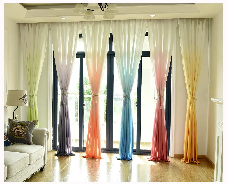 American Europe Solid Sheer Blue Voile Gradient Curtain for Living room Tulle Fabric Grey Window Curtain Panels