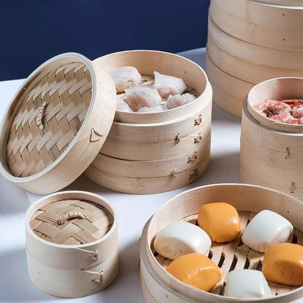 Natural 10 Inch Bamboo Steamer Handmade Healthy Cooking Pot With 2 Tiers Easy Clean and Store Gas Stove Friendly