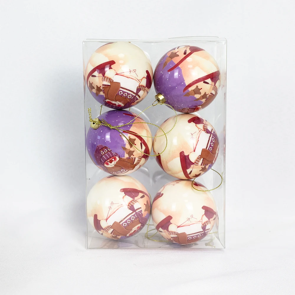 Purple Cartoon Pattern Poly Foam Christmas Ball With Gold Cap Christmas Tree Hanging Decoration Christmas Ball Gift Box Set