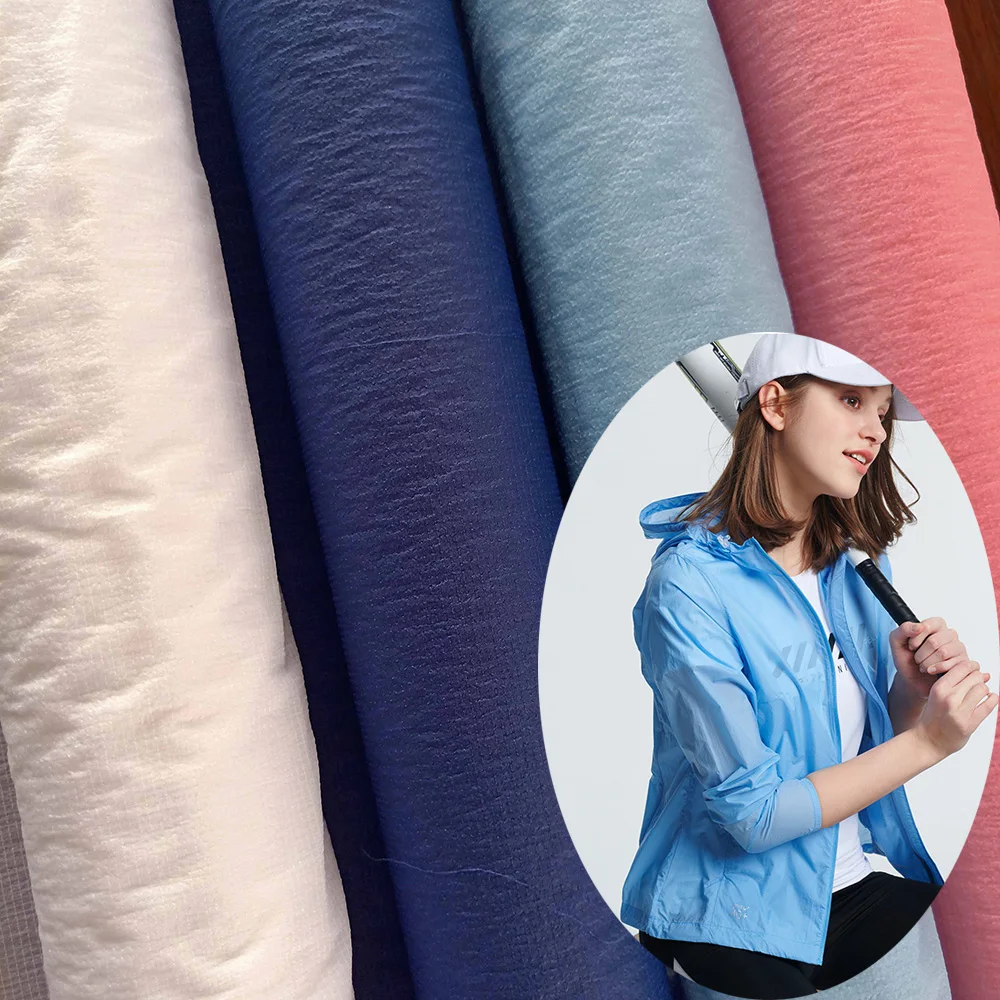 Wholesale lightweight Ripstop Crinkle Nylon PU Silicon Coating Fabric Sun-protective Clothing fabric