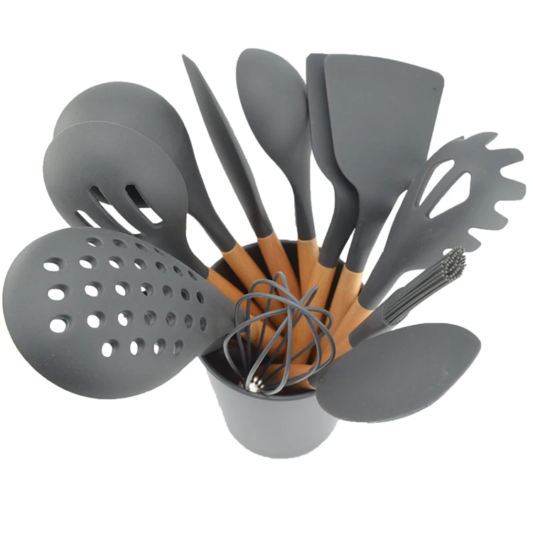 Kitchen Accessories Tool 12 pieces non-stick gray silicone  wooden cooking utensils