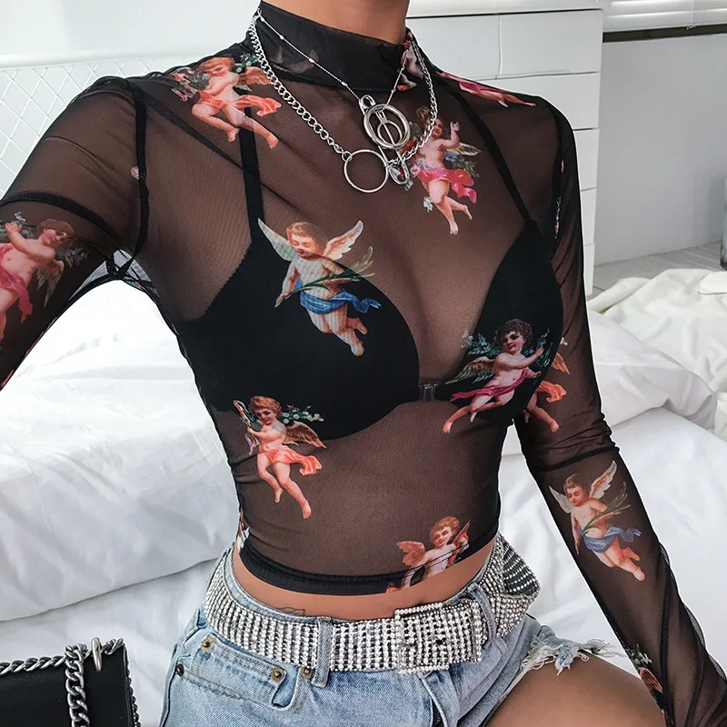 New arrival women clothing Crop top Summer tops long sleeves Y2K t-shirt custom logo see through top