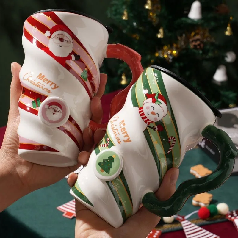 New Design Eco-Friendly 500ml Ceramic Coffee Mug with Santa Claus Spoon Customizable Logo-Merry Christmas Glass Gift Set