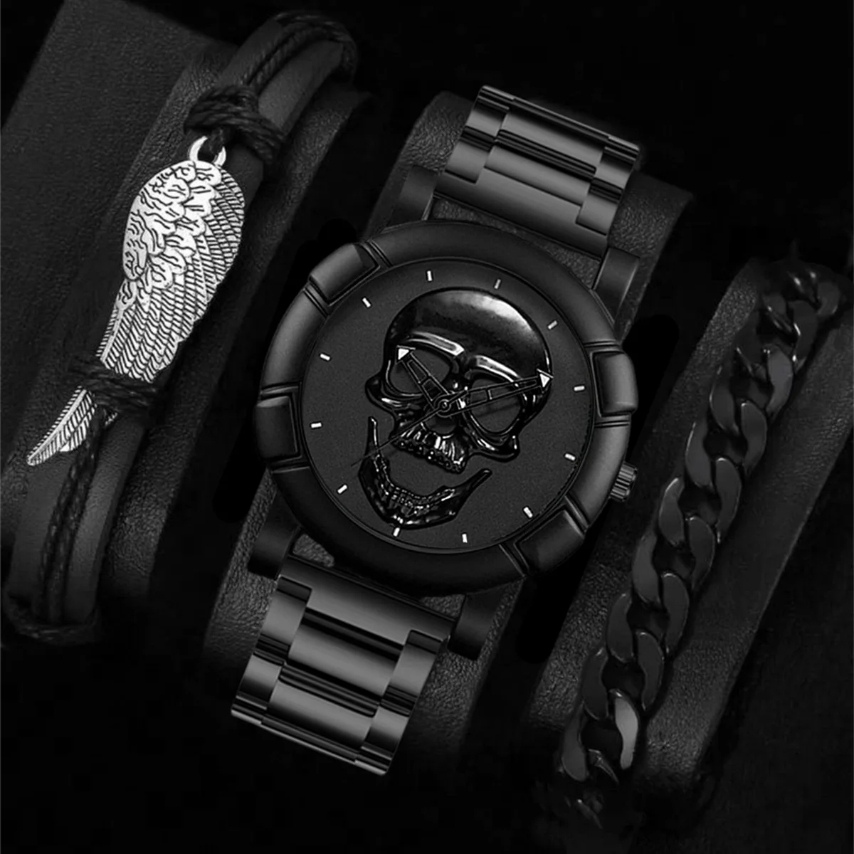 3PCS Halloween Mens Skull Watch Classic Hiphop Fashion Male Black Bracelet Watch Set Outdoor Casual Sports Wristwatch For Men