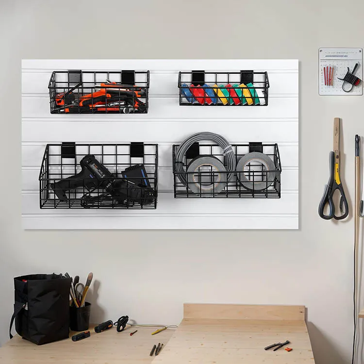 JH-Mech 4 Pack Slatwall Basket For Garage Storage Display Organizing On Slatwall Multi Size Beveled Metal Wire Storage Basket