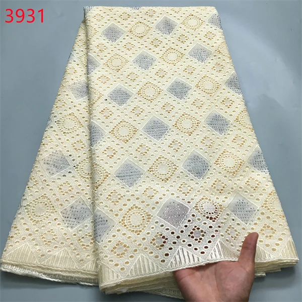 3931 Pure White African Plain Lace Fabric Embroidery High Quality Dry Swiss Voile Cotton With Crystal For Women Wedding Dress