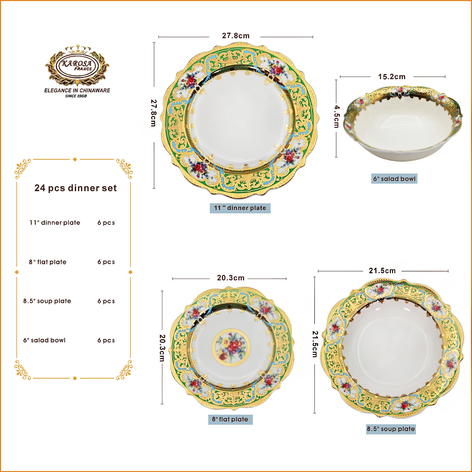 karosa 24pcs tableware including plates and bowls colorful festival golden bone china luxury dinner sets