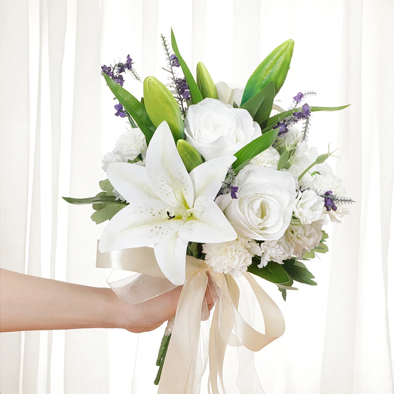 Artificial Flower lily  With leaf Hemp Rope Wedding  flower Bridal Bouquet
