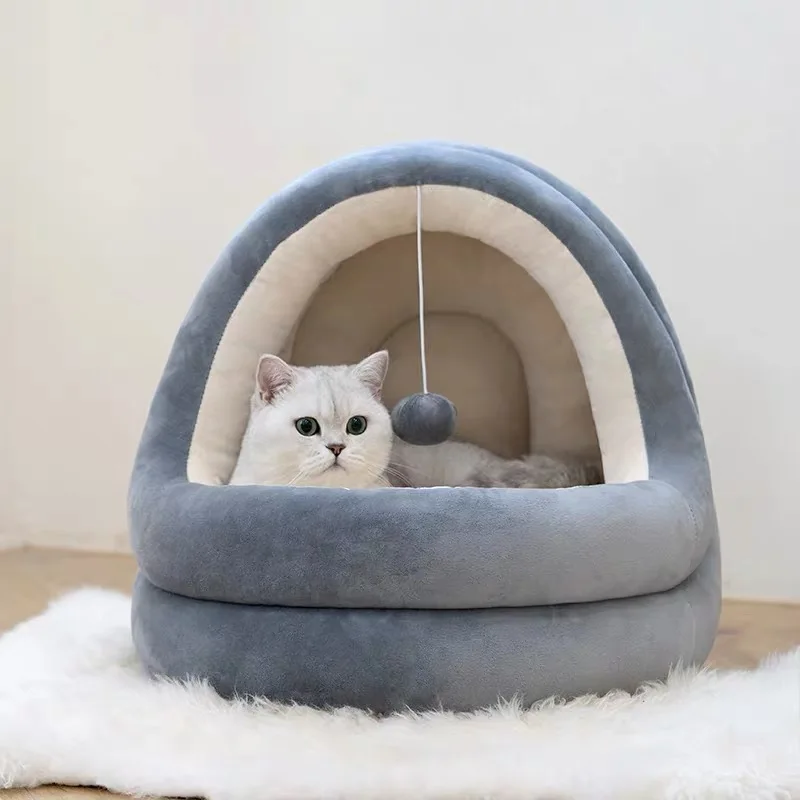 Warm Cat Calming Bed House with Ball Toys Pet Bed for Cats and Dogs Pet Supplies cave hooded cat bed