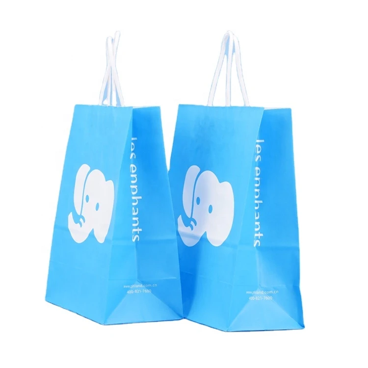 Custom Logo Print Wholesale Grocery Blue Kraft Paper Gift Bag with Handle Item Industrial Surface Packaging