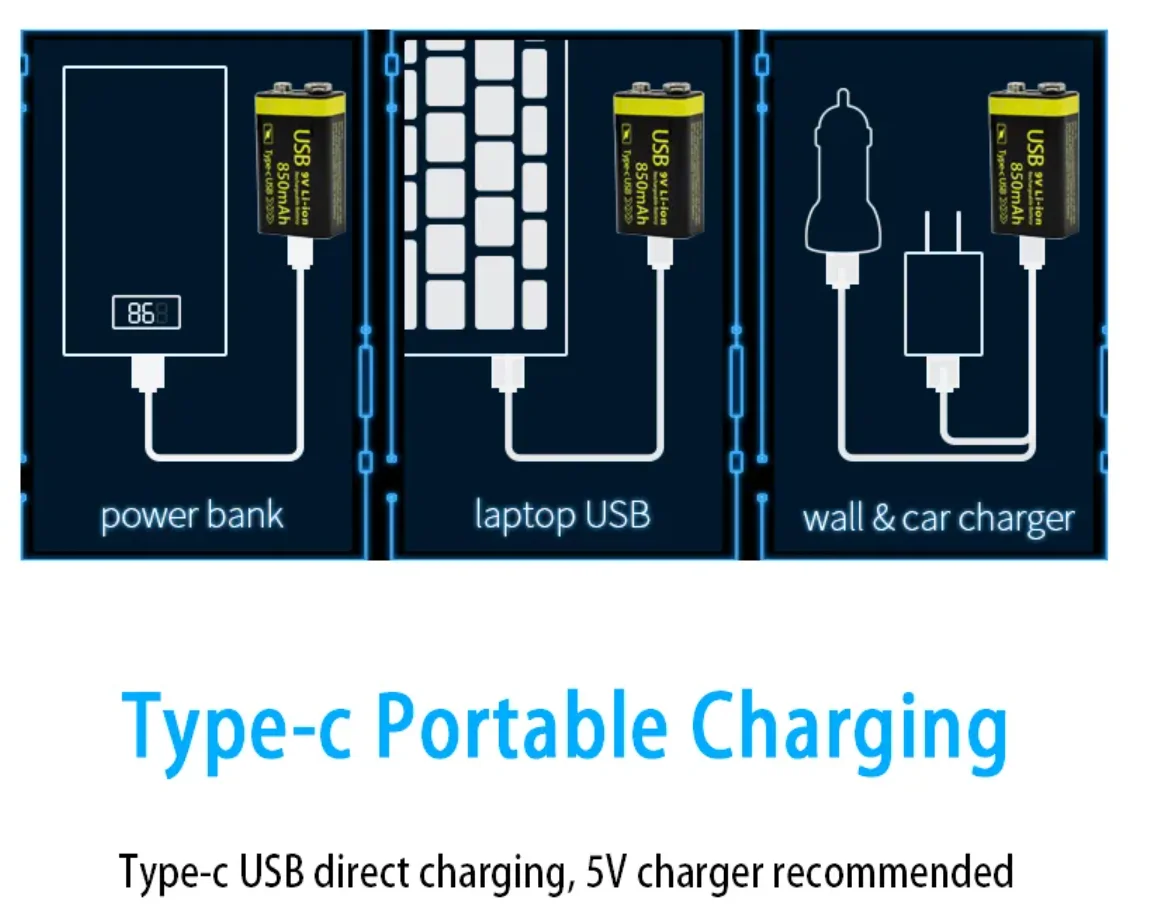 Super power 9V 850mah rechargeable lithium batteries 6F22 customized Type-C usb rechargeable 9V battery cheap cost wholesale