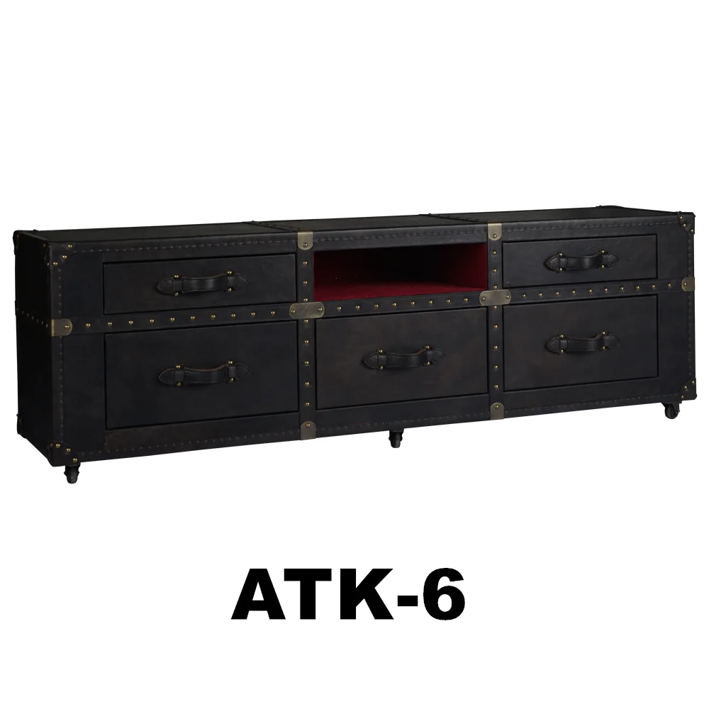 Vintage Black genuine leather living room furniture with three drawer TV stand