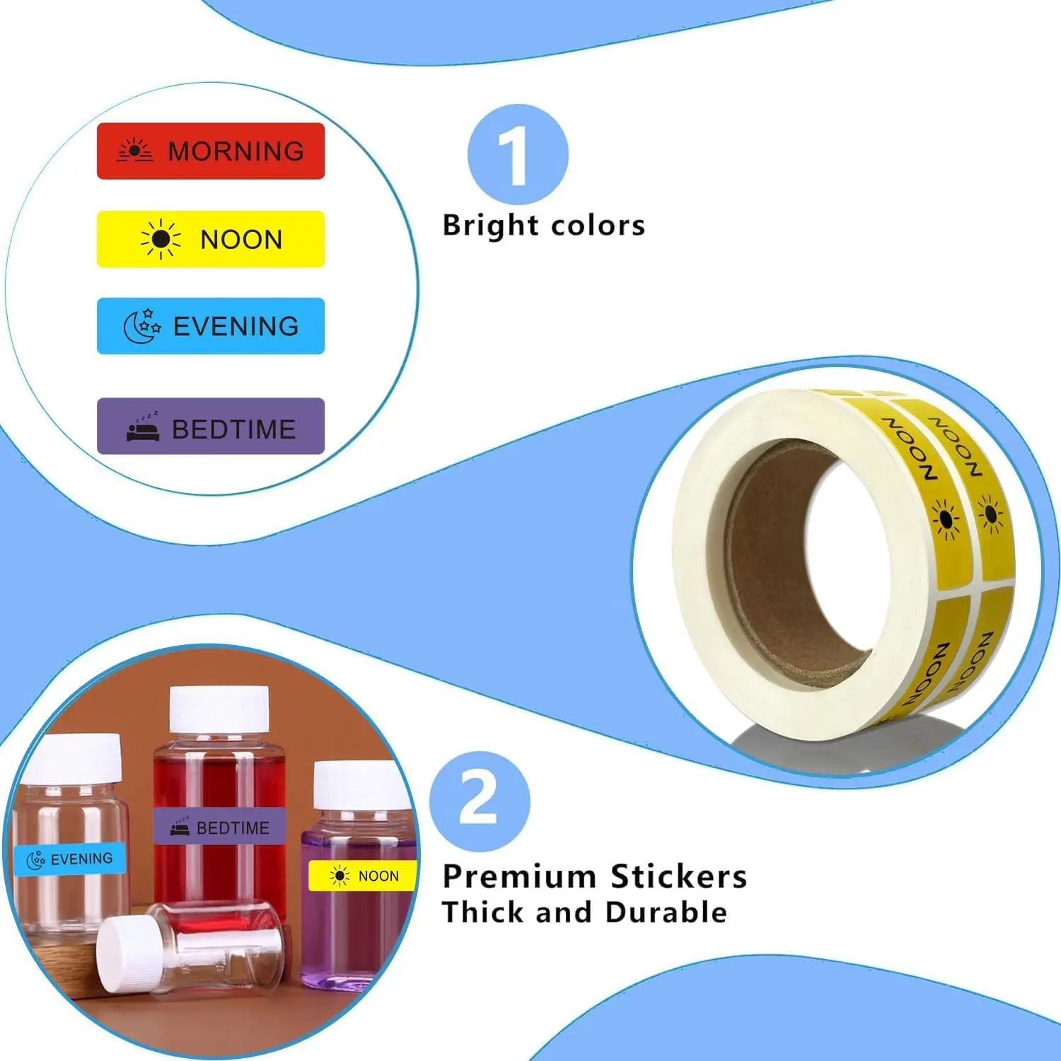Recyclable Permanent Paper Label AM NOON PM Bedtime Pill Case Planner Adhesive Sticker Medication Instruction Cosmetics