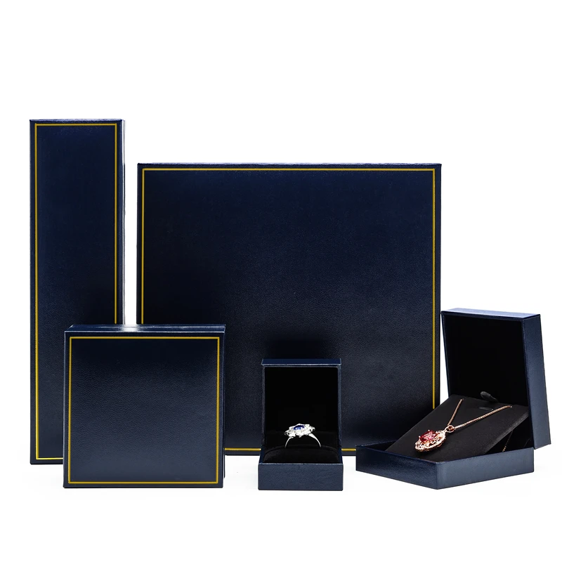 good price leather like texture jewellery gift packaging leatherette paper jewelry boxes with golden line frame on top