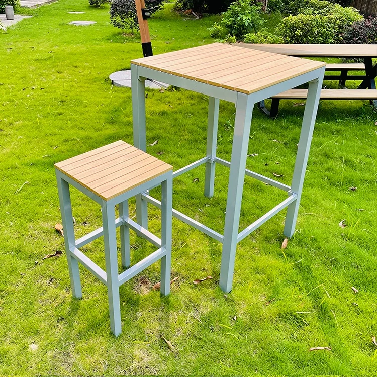 Factory direct Outdoor Garden Aluminum Plastic Wood High Bar Table And Stool Set Patio Restaurant Hotel Outdoor Bar Furniture