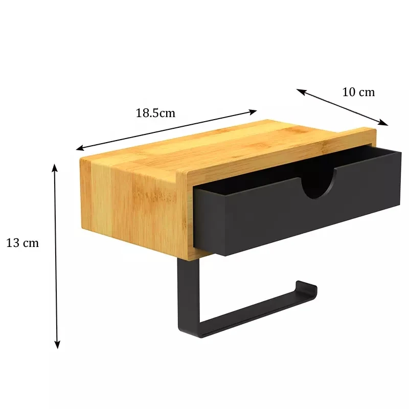 Amazon Hot Selling Self-adhesive Sticker Storage Holder Bamboo Wall Mounted Bathroom Toilet Paper Roll Holder with Storage