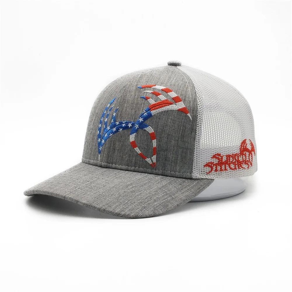 Custom Design Unisex 6 Panel  Grey Curve Brim Mesh Fabric 3d Embroidery Logo American Flag Trucker Caps Hats