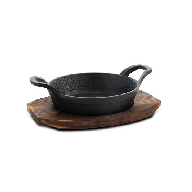 Metal Rectangular Cast-Iron Hot Sizzler Pan Cast Iron Serving Pan With Wooden Base