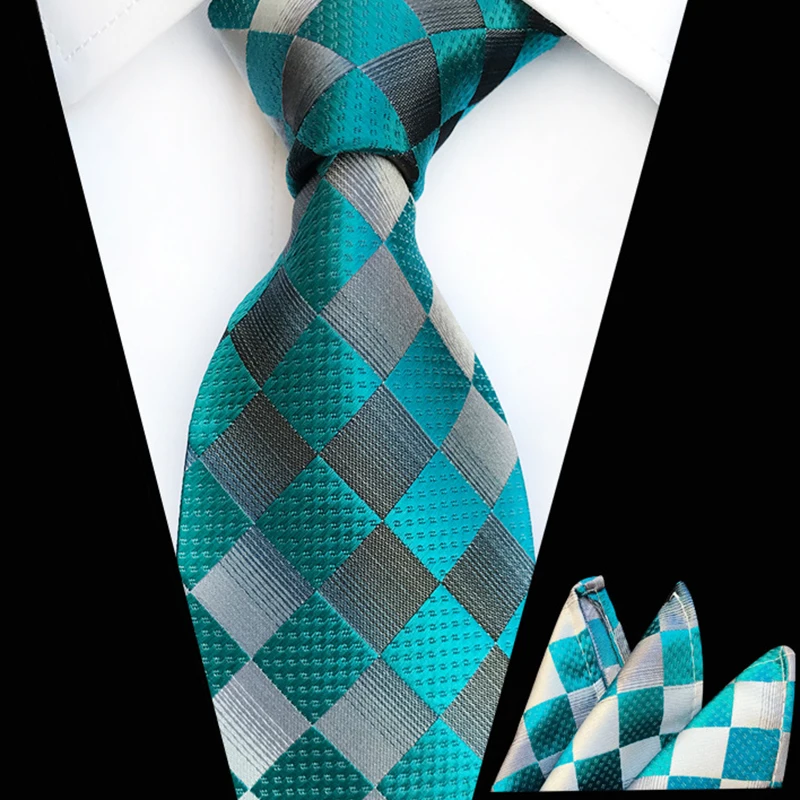 Classic 8cm Ties Pocket Square Set Men Silk Tie Luxury Striped Plaid Checks Business Neck Tie for Men Suit Cravat Wedding Party