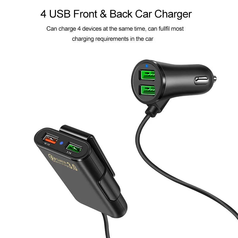 4 Port USB Car Charger Quick Charge QC3.0 5.6ft Extension Cable For iPhone 12 Xiaomi Mobile Phone Driving Recorder Fast Charging